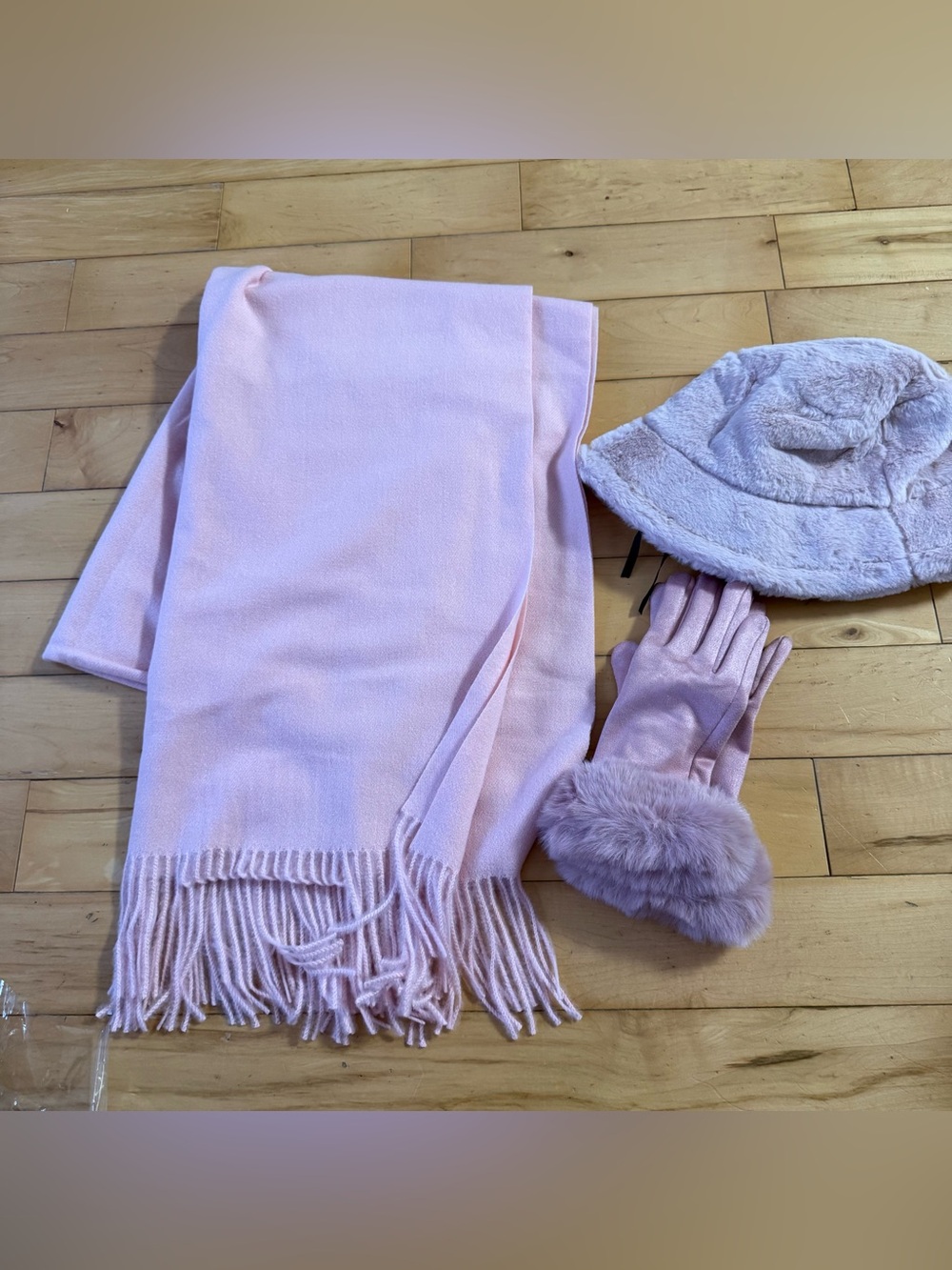 Blush Pink Winter Set - Scarf, Faux Fur Gloves & Bucket Hat